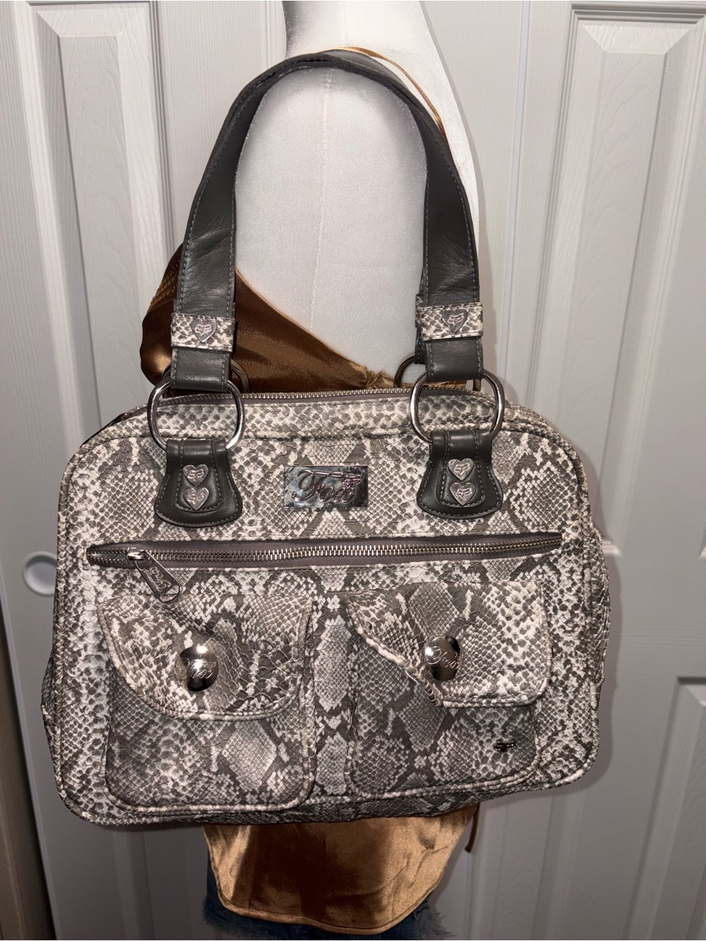 Fox Snake-Print Shoulder Bag with Gray Trim